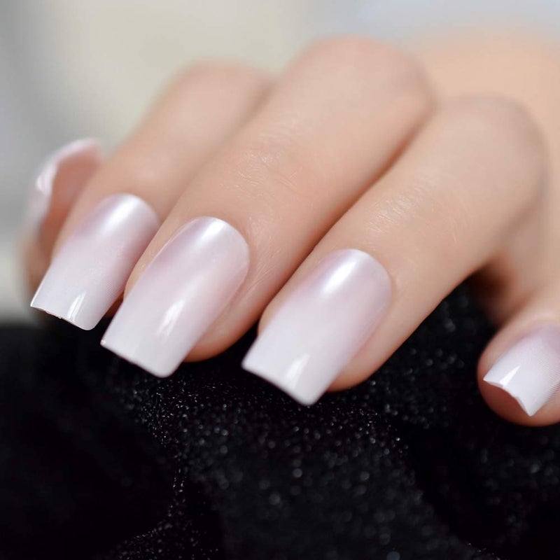 EchiQ Pearl Shine Glossy Fake Nails Shimmer White Square French Nail Ombre Faux Ongles Gradient Medium Fingernails with Gluetabs - Image 4